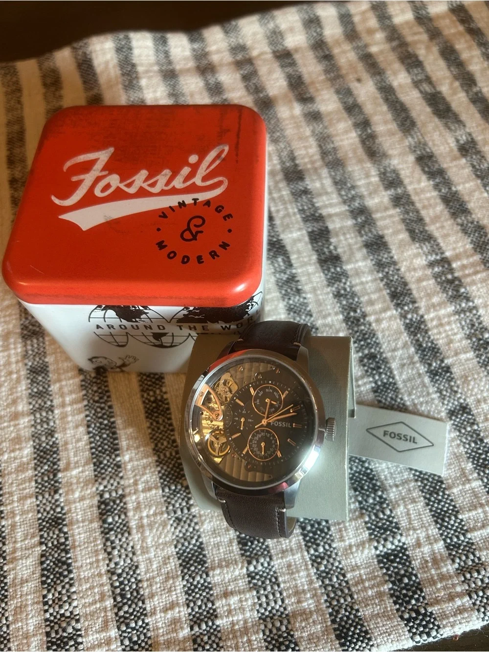 Fossil Men's Brown Leather Strap Watch with Black Dial and Silver Case